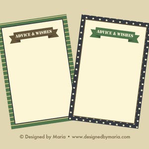 Cartes de conseils et de souhaits imprimables : conception de l'armée -- les invités écrivent pour un souvenir -- fête d'adieu militaire, couleurs boisées, note pour le soldat