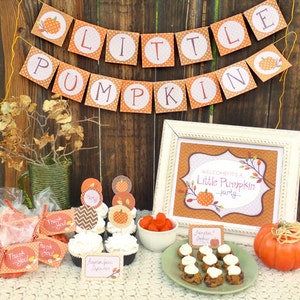 Fall Baby Shower Decorations Toddler Birthday Party Printable Set Autumn Fall Little Pumpkin Kit Download Banner Cupcake Toppers Invite
