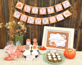 Fall Baby Shower Decorations Toddler Birthday Party Printable Set Autumn Fall Little Pumpkin Kit Download Banner Cupcake Toppers Invite