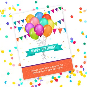 Boleto de cumpleaños de la primaria SUD: Lleve esta tarjeta al obispo para recibir un regalo - Idea de regalo para etiqueta de barra de caramelo, plantilla de Bishopric Buck imprimible