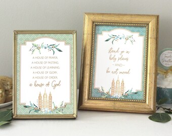 Centerpiece Signs for Temple and Priesthood Preparation Meeting: Sage Green Watercolor Leaves - Gold Scripture Decoration - 5 x 7 Printable