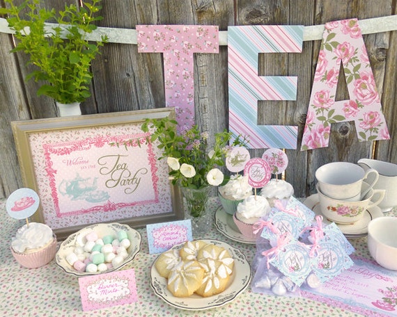 Tea Party Printable Set: Baby Shower, Bridal Shower, or Birthday Vintage  Shabby Chic Designs in Blue and Pink With Tea Cups and Flowers 