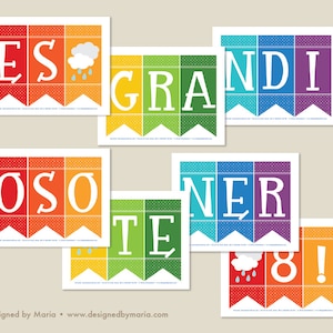 May include: Printable rainbow banner with the words "ES GRANDE OSO TENER 8!" in white letters on a red, orange, yellow, green, blue, purple and red background. Each letter is on a separate banner with white polka dots.