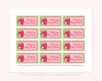 Etichette di ringraziamento stampabili con fragole: Etichette per bomboniere per feste di compleanno o baby shower per sacchetti regalo o etichette regalo - rosa, verde, rosso