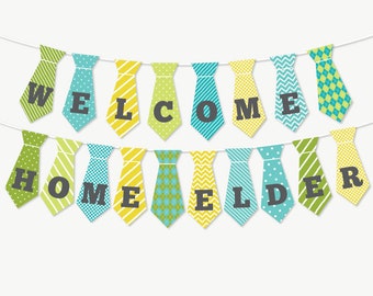 Welcome Home Elder LDS Mission Tie Banner Printable: Latter-day Saint Missionary Party Decoration Download - Turquoise Mission Bunting Decor