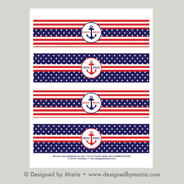 Anchors Aweigh Water Bottle Wraps Printable: USN, Navy, Marines, or Coastguard Farewell Party Wrappers - Goodbye Party Decor - Patriotic