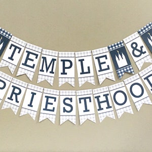 May include: A white and blue gingham banner with the words "Temple & Priesthood" in black letters. The banner has small images of a temple on each end.