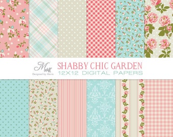 Digital Paper Shabby Chic Garden: Pink, Aqua & Linen Colored Patterns - Scrapbooking, Cards, and Papercrafting - Florals, Gingham, Polkadots