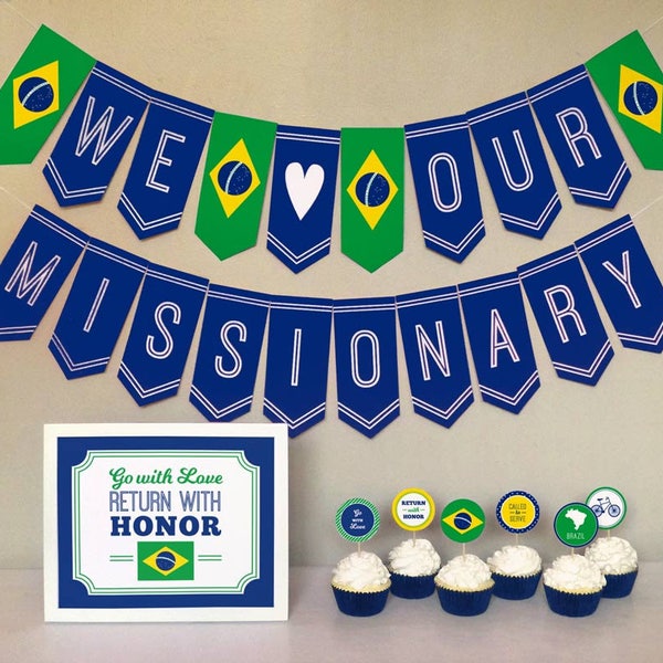 LDS Brazil Mission Farewell Party Printable Set: Missionary Party Kit Downloads - Brazilian Flag Banner, Decorations, Sign, Cupcake Toppers