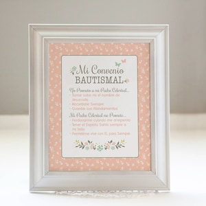 Spanish LDS Baptismal Covenant Printable Art Sign: Latter-day Saint Pink Floral for Girl's Room Decor Reminder, Baptism Gift 8 x 10, 5 x 7