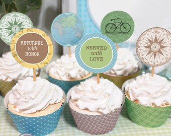 LDS Missionary Homecoming Party Cupcake Toppers Printable - Party Circles Decor - Map, Globe, Compass, Served with Love, Returned with Honor