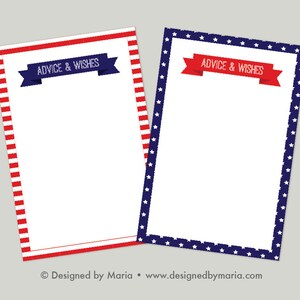 Cartes de conseils et de souhaits imprimables : Design nautique et patriotique -- Les invités écrivent pour un souvenir -- Shower de bébé, fête d'adieu militaire