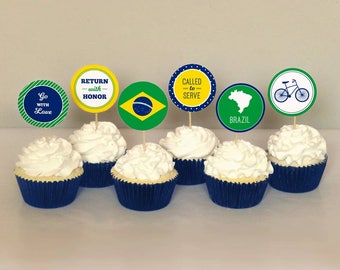 LDS Brazil Mission Cupcake Toppers Printable: 2" Party Circles -- Missionary Farewell Party Decoration -- Brazilian Flag Instant Download