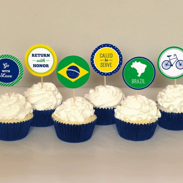 LDS Brazil Mission Cupcake Toppers Printable: 2" Party Circles -- Missionary Farewell Party Decoration -- Brazilian Flag Instant Download