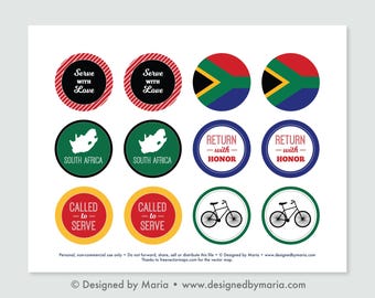 Decorazioni per cupcake a tema Missione Sudafrica, cerchi stampabili per feste, decorazioni per la festa di addio ai missionari LDS - Addio, bandiera del paese, download