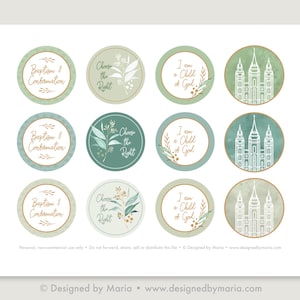 May include: Nine printable stickers with green and white watercolor backgrounds. The stickers feature different phrases related to baptism and confirmation, including "Baptism & Confirmation", "Choose the Right", and "I am a Child of God".