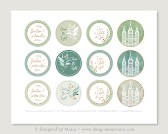 LDS Baptism Meeting for Great to be 8 Cupcake Toppers Printable: 2" Party Circles I am a Child of God, Choose the Right, Temple Decoration