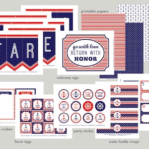 US Navy or Marines Farewell Party Printable Set: Military Party Kit Downloads - Red, White & Blue Banner, Decorations, Cupcake Toppers, etc
