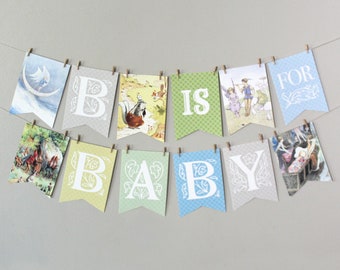 Storybook Baby Shower Banner Printable: Gender-Neutral Party Bunting Decoration for Nursery, Children's Book Illustrations, B is for Baby