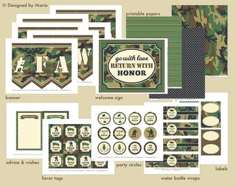 May include: Printable party decorations in a camouflage pattern with the text "go with love return with honour". The set includes a banner, welcome sign, favour tags, party circles, water bottle wraps, and labels.