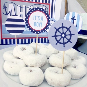 Boy Baby Shower Cupcake Toppers Printable: 2" Party Circles -- Ahoy! It's a Boy Party Decoration -- Instant Download