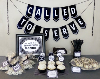 LDS Mission Farewell Party Printable Set: Missionary Party Kit Downloads - Black & White Banner, Decorations, Cupcake Toppers, Favor Tags