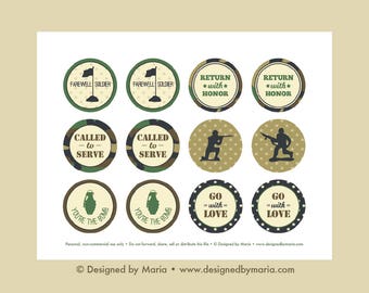 Army Cupcake Toppers Printable: 2" Party Circles - Farewell Good-bye Party Decoration - Going Away US Military Bootcamp Download