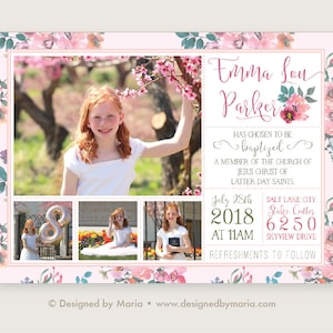 LDS Baptism Invitation Girl Announcement: Pretty Floral Design with Multiple Photos, Completely Customizable, Mormon Baptism Personalized