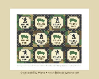 Army Thank You Tag Printable: Party Favor Tags for Goodie Bags - Army Farewell, Soldier Boot Camp Birthday Party - Camouflage
