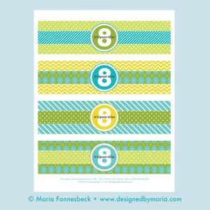 May include: Four printable designs for 8th birthday party favor water bottle labels. Each label features a different pattern in green, yellow, and blue with the number 8 and the text "It's great to be 8".