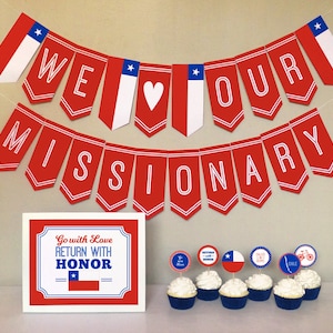 LDS Chile Mission Farewell Party Printable Set: Missionary Party Kit Downloads - Blue Red Flag Banner, Decorations, Sign, Cupcake Toppers