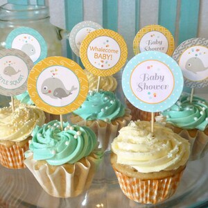 Baby Shower Cupcake Toppers Printable: 2 Party Circles Whale Party Decoration Boy or Girl Instant Download Under the Sea image 1