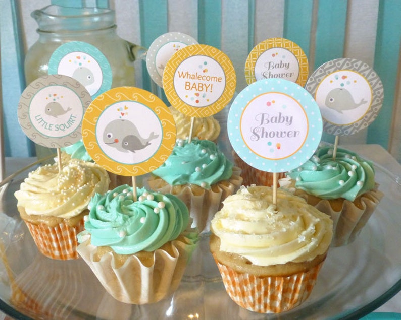 Baby Shower Cupcake Toppers Printable: 2 Party Circles Whale Party Decoration Boy or Girl Instant Download Under the Sea image 1