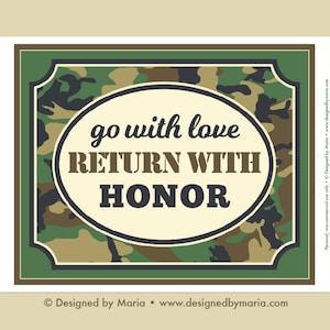 Afdrukbaar leger afscheidsdecoratie: bord bootcampfeest - Go with Love, Return with Honour - Vaarwelbord - Camouflage soldaat gaat weg
