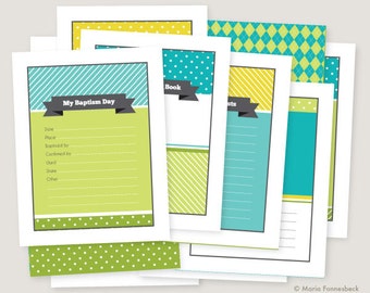 May include: A set of printable pages with a green, yellow, and blue color scheme. The pages are designed for a baptism celebration and include a page for recording the date, place, and other details of the baptism. The pages also include a page for a book and a page for guests.