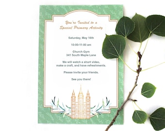 Temple Invitation for LDS Primary or Youth Activity: Preview EDITABLE Invite Printable - Instant Download with Gold and Green