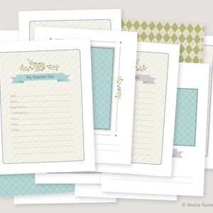 May include: Printable baptism day record sheet with a blue and green plaid pattern. The sheet includes spaces to record the date, place, baptized by, confirmed by, godparent, stone, and other.