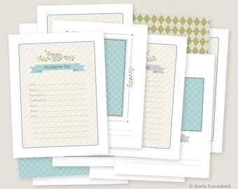 May include: Printable baptism day record sheet with a blue and green plaid pattern. The sheet includes spaces to record the date, place, baptized by, confirmed by, godparent, stone, and other.