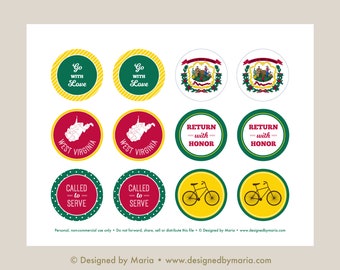West Virginia Mission Cupcake Toppers Printable 2" Party Circles LDS Missionary Farewell Party Decoration - Red Green Flag Instant Download