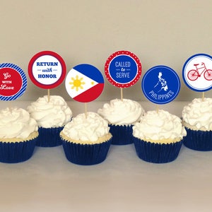 LDS Philippines Mission Cupcake Toppers Printable: 2" Party Circles - Missionary Farewell Party Decoration - Blue Red Flag Instant Download