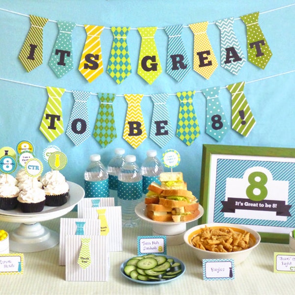 Great to be 8 Boy Party Printable Set LDS Baptism Party Kit Downloads Banner Decorations Invitation Cupcake Toppers Favor Tags