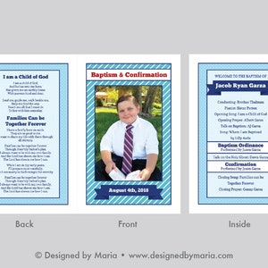 May include: A blue and white striped card with a photo of a young boy in a blue shirt and tie holding a book. The card has the text "Baptism & Confirmation" and "August 4th, 2018".