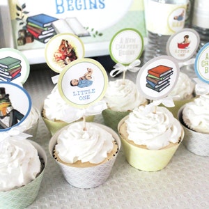 Storybook Baby Shower Cupcake Toppers Printable: Gender Neutral Party Circles Decoration for Book Themed Shower Decor - A New Chapter Begins