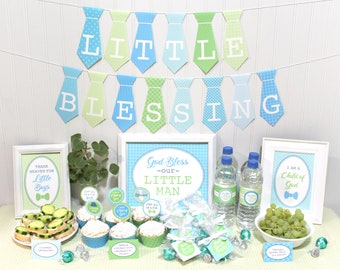 Baby Blessing Decorations for Boy Christening Party Printable Design Bundle Banner, Favor Tag, Welcome Sign, Cupcake Topper, LDS Centerpiece