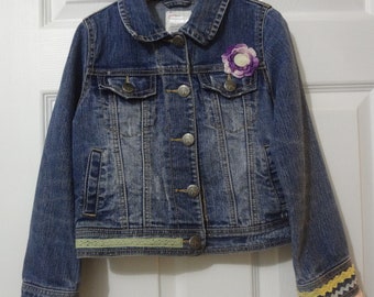 Girl's Size Small 5 - 6 Upcycled Embellished Denim Jean Jacket Decorated Upcycled Size Small (5/6) - by Atlantic Rock Threads