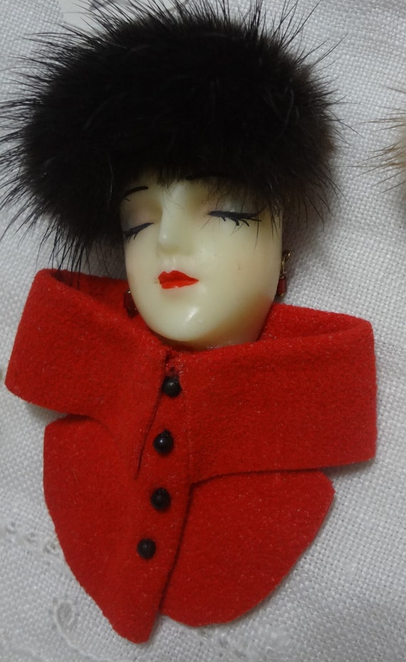 Lady's Face Resin Brooch wearing Mink Fur Hat Ultr