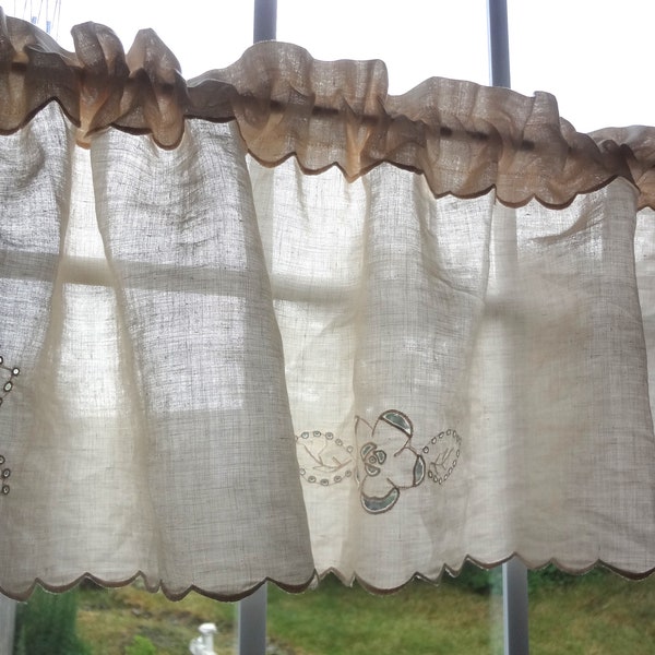 Window Topper Curtain Upcycled Repurposed Vintage Linen Shabby Country Chic Topper Curtain - Atlantic Rock Threads