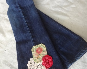 Girl's Size 7 Upcycled Embellished Denim Bell Bottoms Jeans Pants Decorated Upcycled Size 7 - by Atlantic Rock Threads