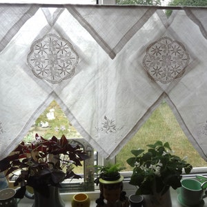 Window Topper Curtain Upcycled Repurposed Vintage Napkins Shabby Country Chic Topper Curtain- Atlantic Rock Threads