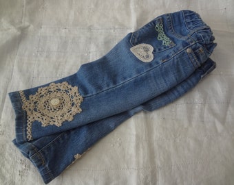 Toddler Girl's Size 12 - 18 months Upcycled Embellished Denim Jeans Pants Decorated Upcycled Size 12 - 18 months - by Atlantic Rock Threads